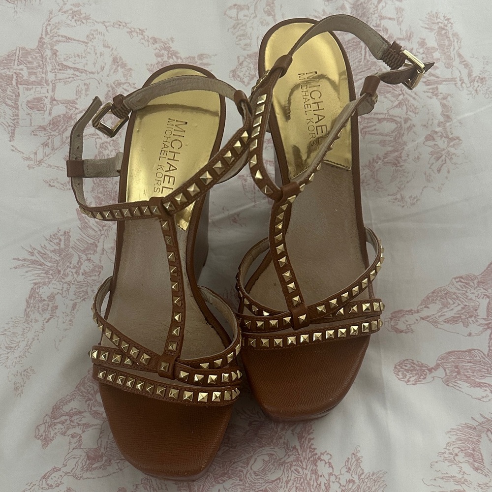 MICHAEL Michael Kors Cognac Studded T-Strap Platform Sandals